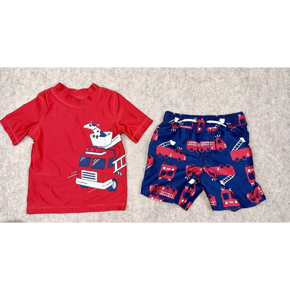 Carters Boys 18M 2 Piece Swim Shirt And Swim Trunks Set Red Blue Fire Truck
